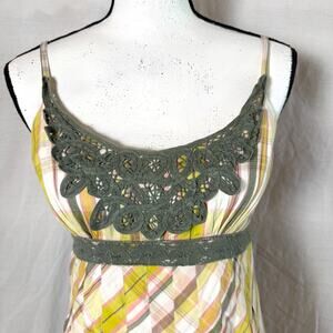 Vintage Zinc Strapless Midi Dress Sz L Pink Green Plaid Embroidered Cottage 90s